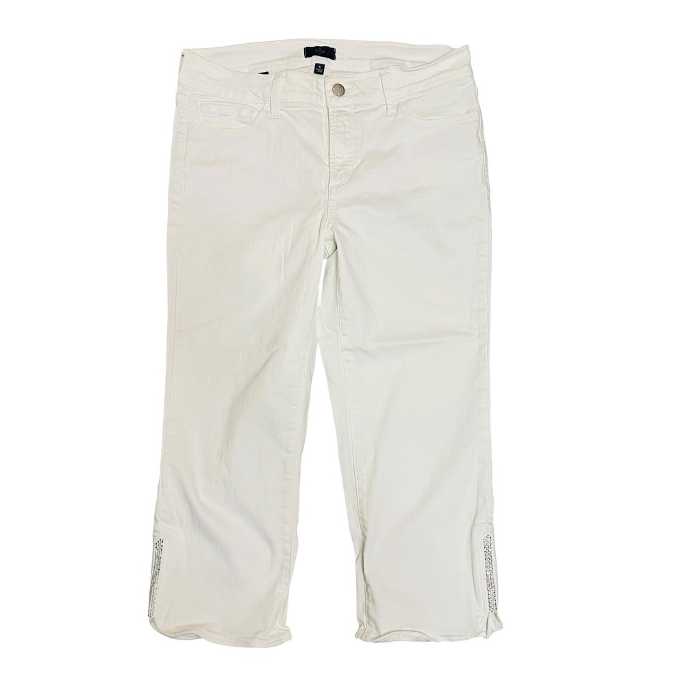 NYDJ‎ Crop Jeans Womens 6 White Rhinestone Hem Lift Tuck Technology Coastal Glam
